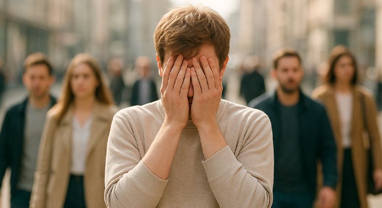 Мужчина  думает что на него смотрят и закрывает лицо